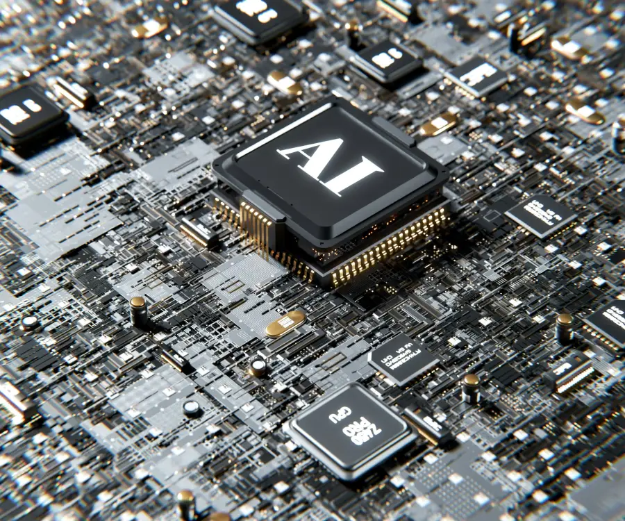 AI-labeled processor chip on a detailed circuit board; representing tech-business innovation in modern computing infrastru...