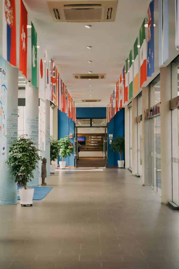 Modern tech-business office corridor lined with international flags and potted plants; leading to a blue-accented receptio...