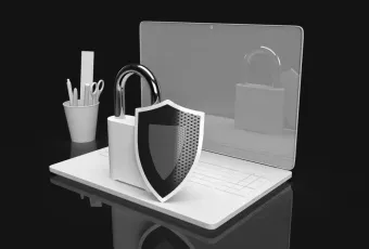 3D rendered laptop with padlock and shield icons representing tech-business cybersecurity and data protection solutions.