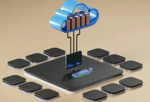 3D illustration of cloud servers connected to a desktop workstation; representing tech-business cloud infrastructure and m...